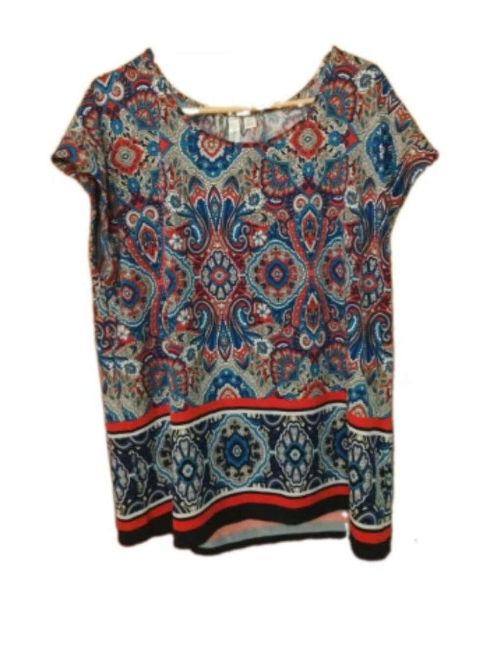 Tacera Patriotic Paisley Printed 2XL Women's Short Sleeve Red White Blue Shirt